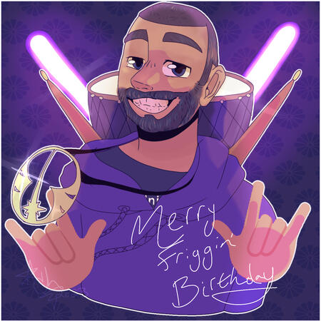 A bust of a middle aged man. He is wearing a purple hoodie and a necklace with a charm closer to the viewer than the man himself with hims hands close to his chest in a rock and roll symbol. Behind the man are two drumsticks, a drum, and two light sabers.